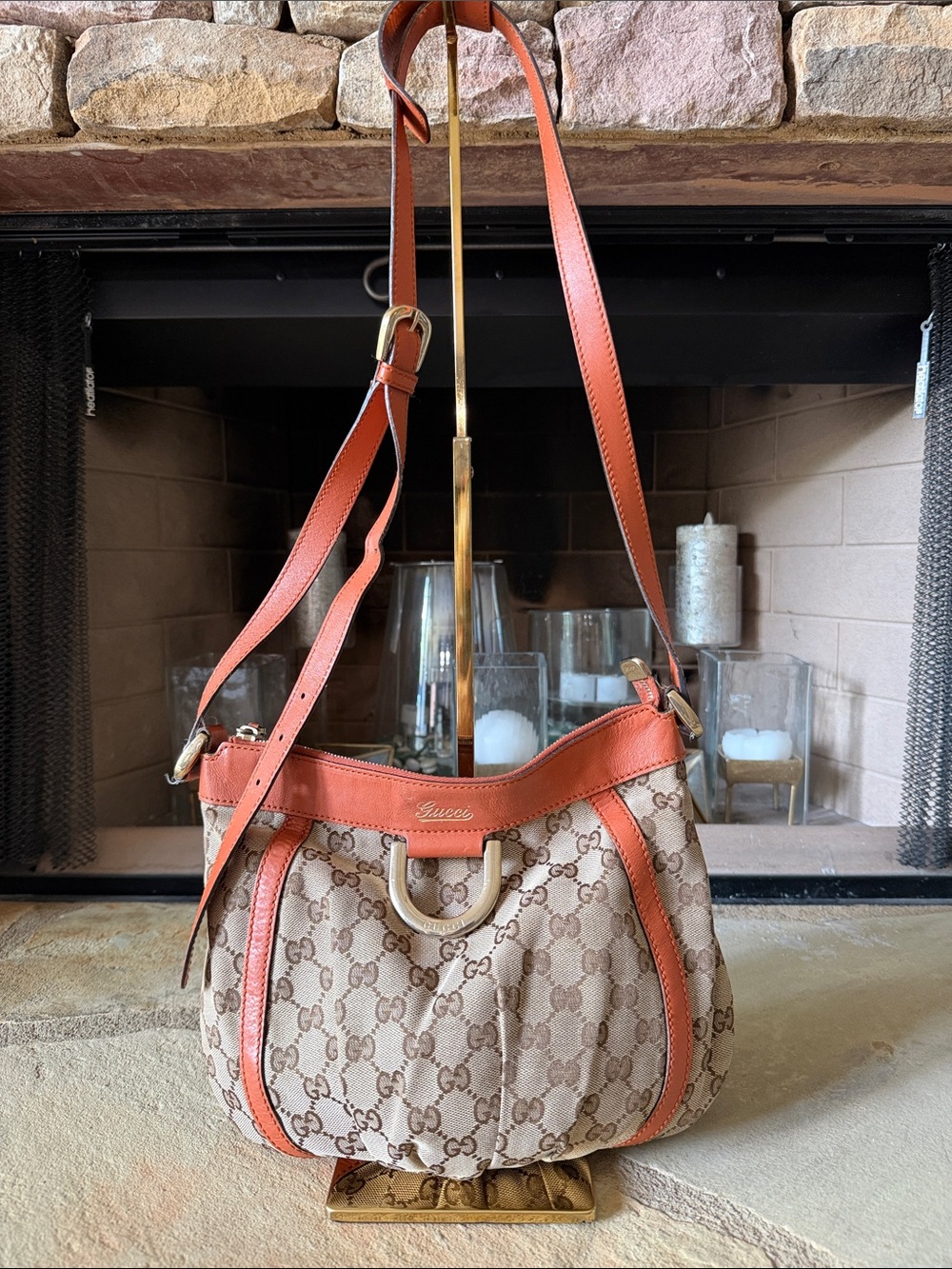 Gucci Beige GG Canvas Shoulder Bag with Brown-Orange Leather Trim